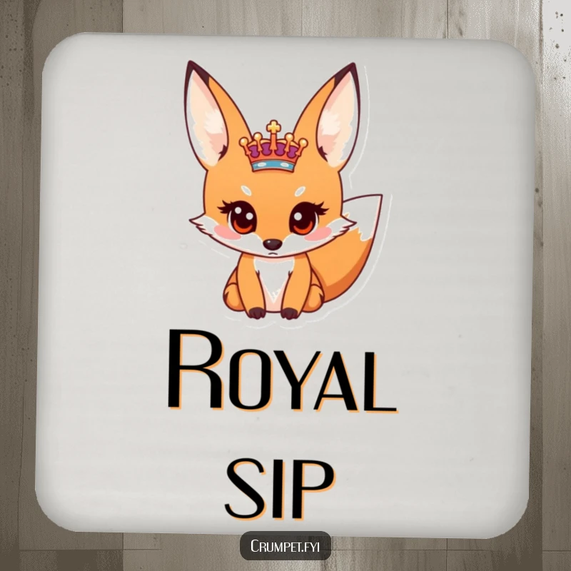 Funny drink coaster illustrating a curious fox peering at a tiny royal crest, offering protection with humor.
