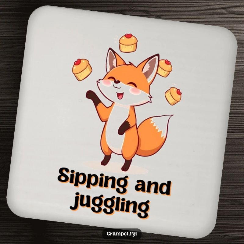 Funny drink coasters featuring a delighted fox juggling miniature scones, designed to protect surfaces with whimsical humor.