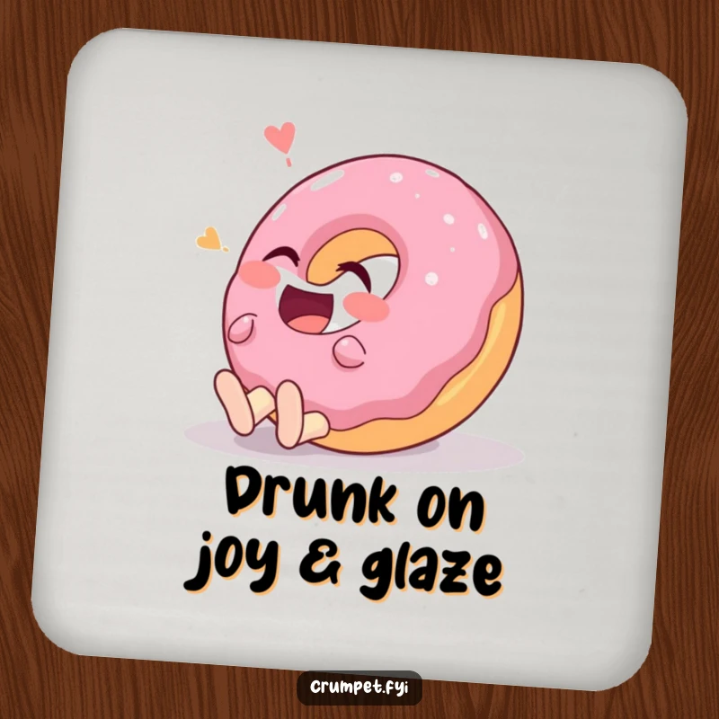 Funny donut character rolling on the ground laughing hysterically on a drink coaster, charming and practical.