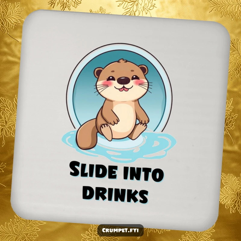 Funny Otter Coasters: A giggling otter sliding down a water slide, protecting surfaces with humor, an excellent funny gift.