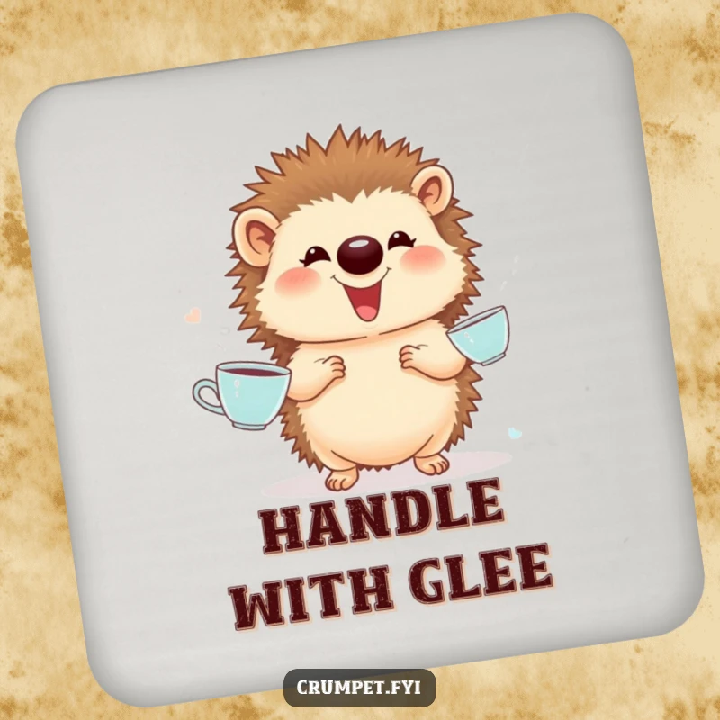 Funny Coaster: A proud, giggling hedgehog skillfully juggles tiny teacups, preventing spills with a smile.