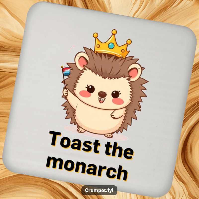Funny drink coaster with a crowned hedgehog happily waving a miniature flag, adding a touch of regal cheer to surfaces.