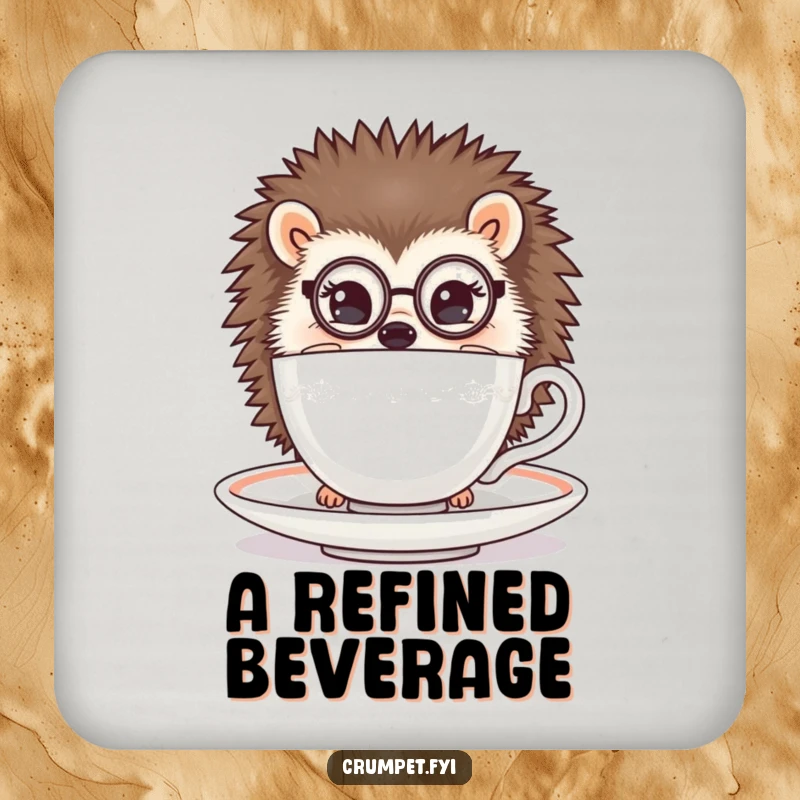 Funny hedgehog coaster with a hedgehog wearing a monocle peeking from behind a teacup, perfect for tables and gift.