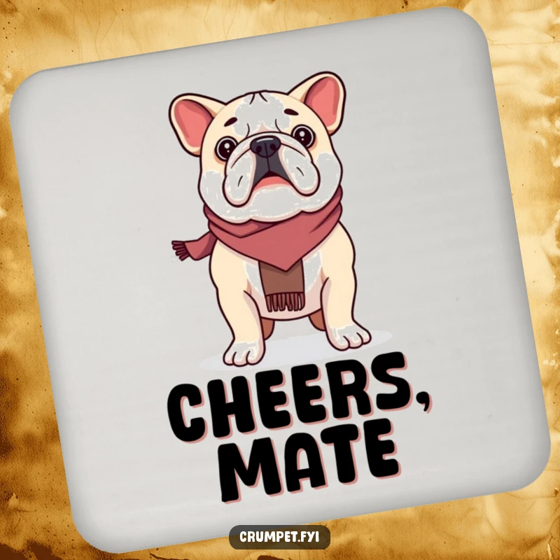 Funny proud bulldog wearing a scarf, standing tall, on a drink coaster, a functional funny accessory.