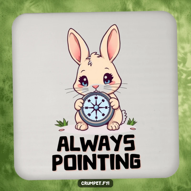 Funny Rabbit Coasters: A curious rabbit with bright eyes examines a compass, protecting surfaces with humor, an excellent funny gift.