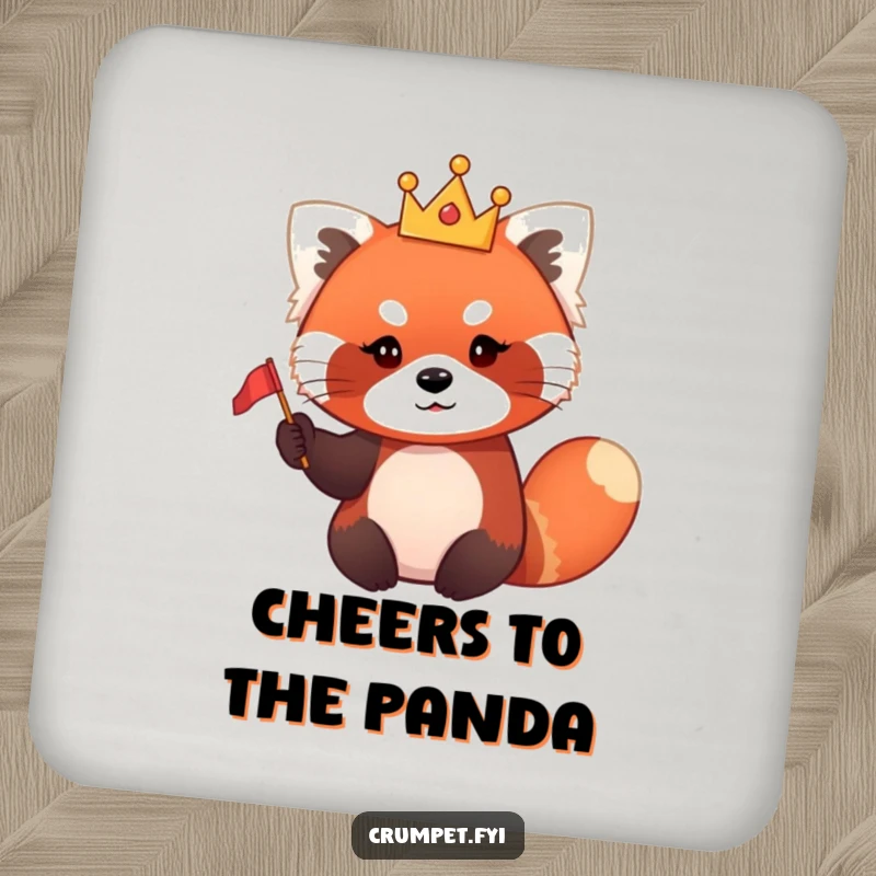 Funny red panda coaster featuring a cute red panda wearing a tiny crown and waving a small flag.