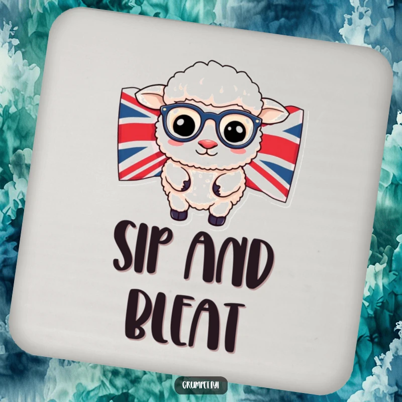 Funny British sheep wearing spectacles peeking from Union Jack flag on a protective drink coaster.
