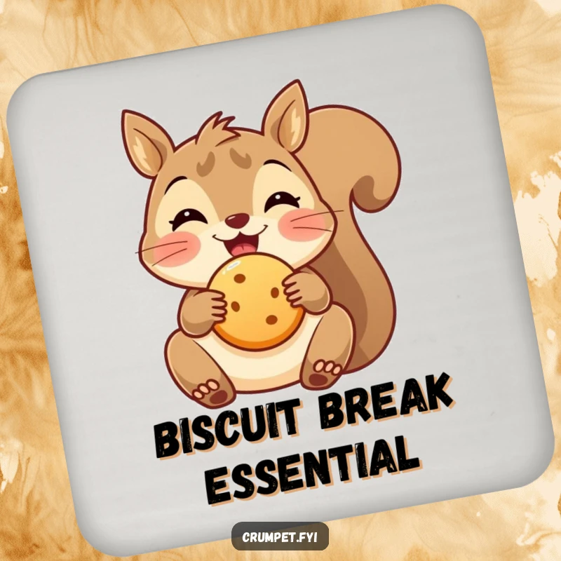 Funny delighted squirrel coaster holding a round biscuit, protecting surfaces with charming snack-time appeal.