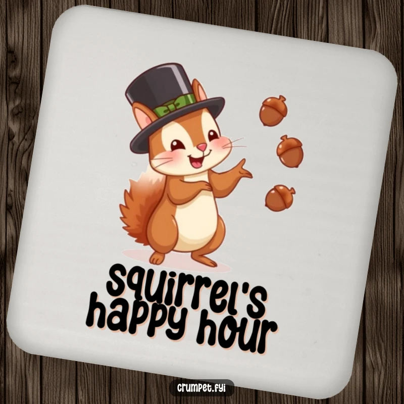 Funny squirrel coaster with a squirrel in a bowler hat juggling acorns with glee, perfect for tables and gift.