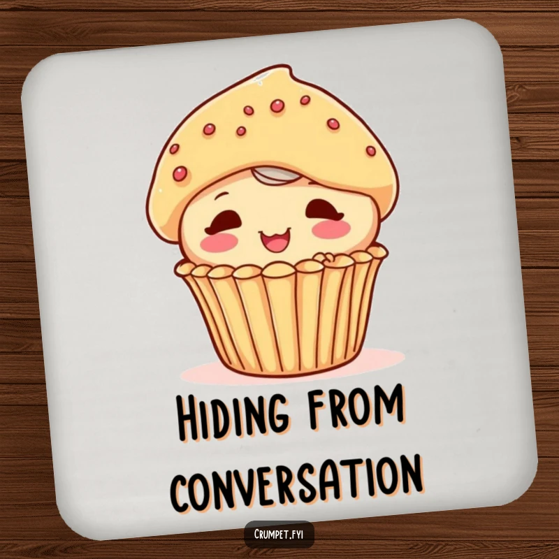 Funny playful muffin character peeking out from behind another pastry on a drink coaster, adding a touch of sweet charm.