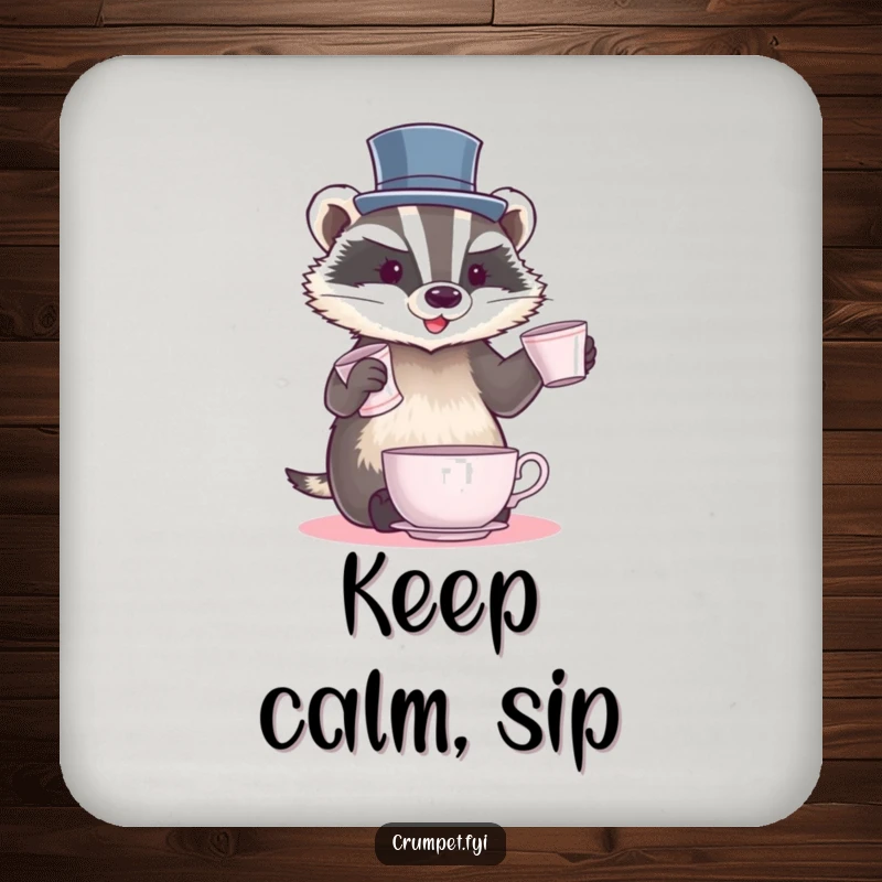 Funny Badger Coasters featuring a badger in a top hat juggling teacups, protecting surfaces with dapper humor.