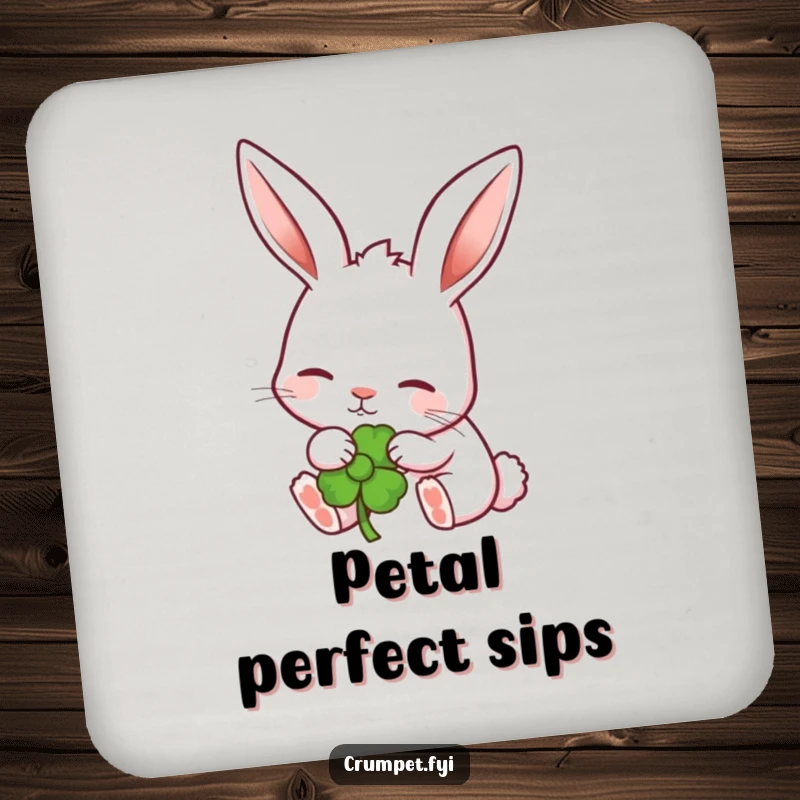 Funny rabbit with perked ears nibbling a garden flower on a drink coaster. A charming funny gift.