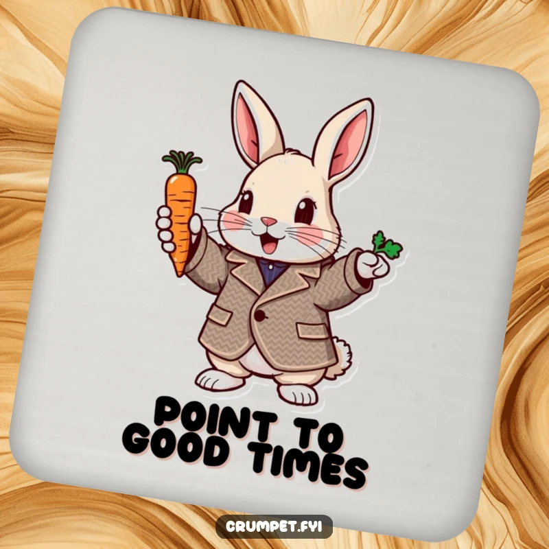 Funny rabbit coaster with a rabbit in a tweed jacket pointing with a carrot, perfect for tables and gift.