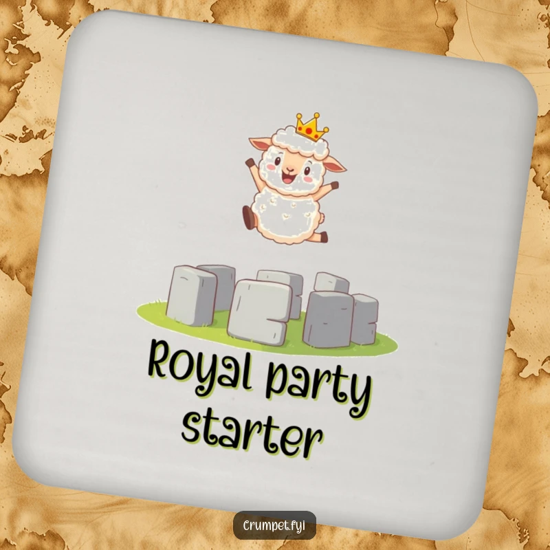 Funny Coaster: Decorative coaster featuring a fluffy sheep in a crown leaping over a miniature Stonehenge.
