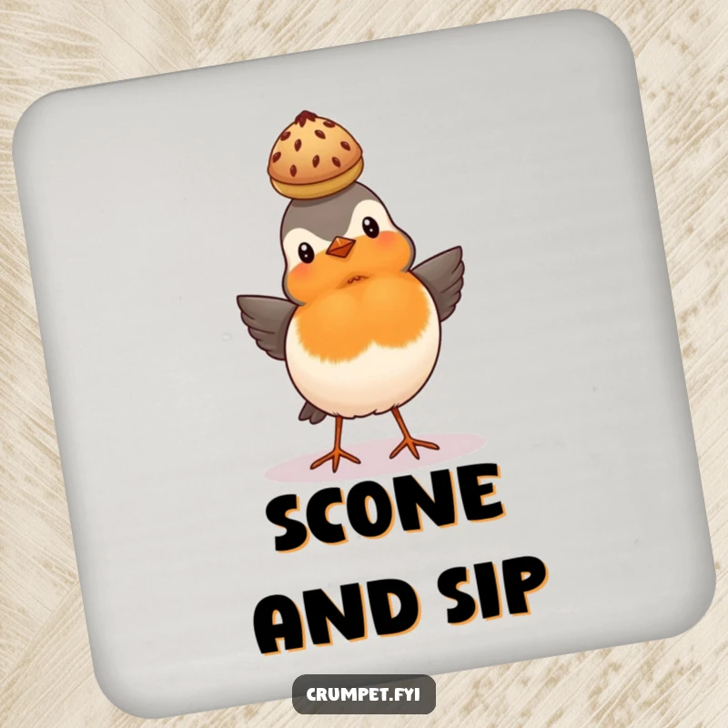 Funny proud robin balancing a scone on its head on a protective drink coaster, British bird design.