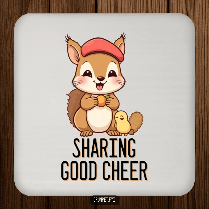 Funny Coasters featuring a happy squirrel in a beret sharing nuts with a friend, protecting furniture with charming generosity and a friendly motif.