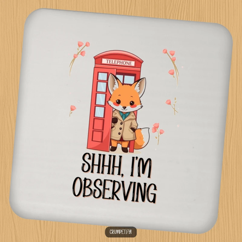 Funny Fox Coaster: A cute fox in a tweed jacket peeks from behind a red telephone box, safeguarding surfaces with playful humor.