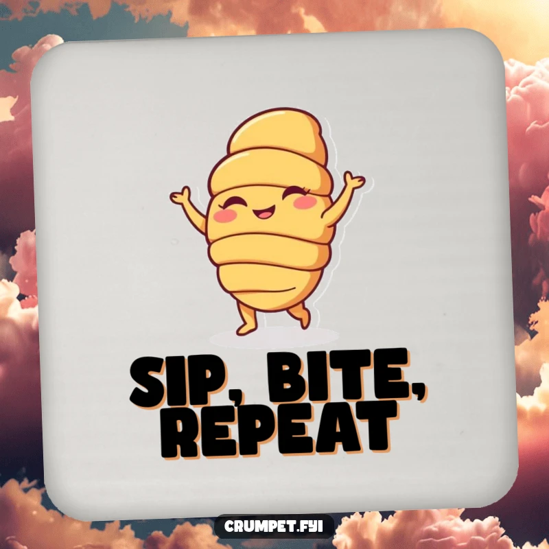 Funny coasters with a happy croissant character doing a silly dance, protecting surfaces with baked goods humor and charm, perfect funny gift.