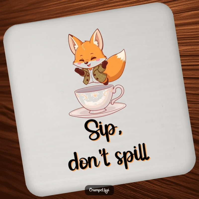 Funny Coaster featuring a playful fox wearing a tweed jacket, leaping over a teacup, protecting surfaces with charm.