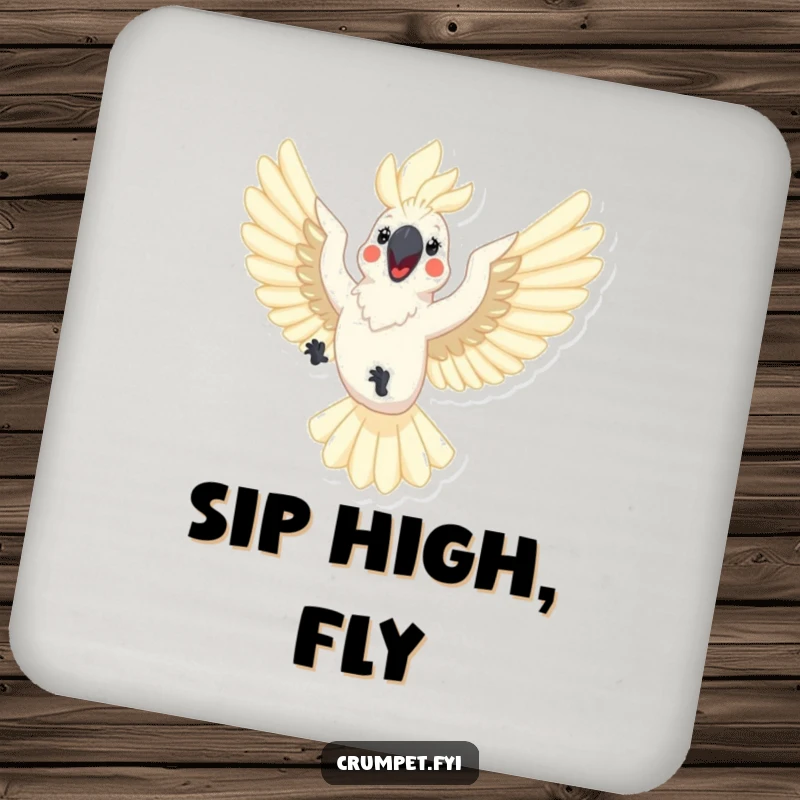 Funny cockatoo coasters featuring a happy cockatoo flying with outstretched wings. Humorous and practical drink protection with a joyful design.