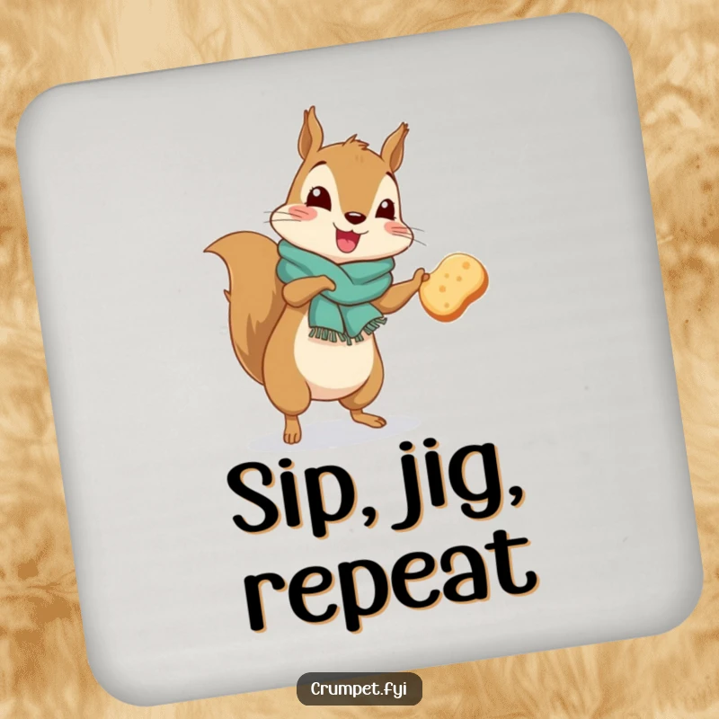 Funny squirrel wearing a scarf doing a silly jig with a crumpet on a protective drink coaster.
