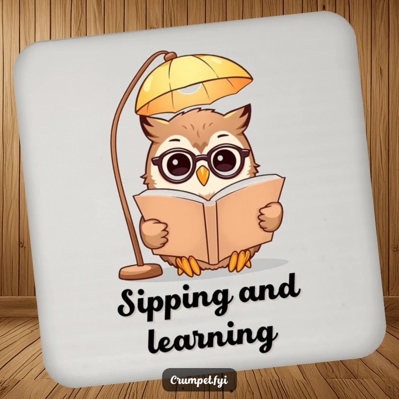Funny Coasters featuring a smiling owl in spectacles reading a book under a lamp, protecting furniture with scholarly charm and a literary motif.