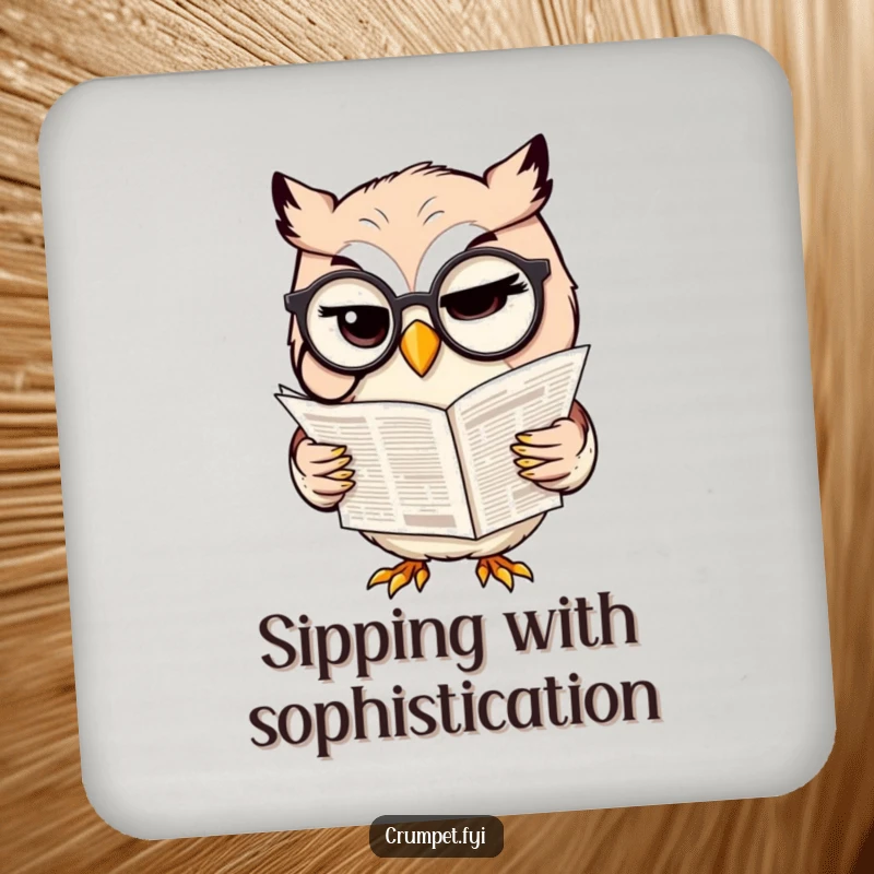 Funny drink coaster featuring a winking owl with a monocle reading a newspaper, adding sophisticated humor.