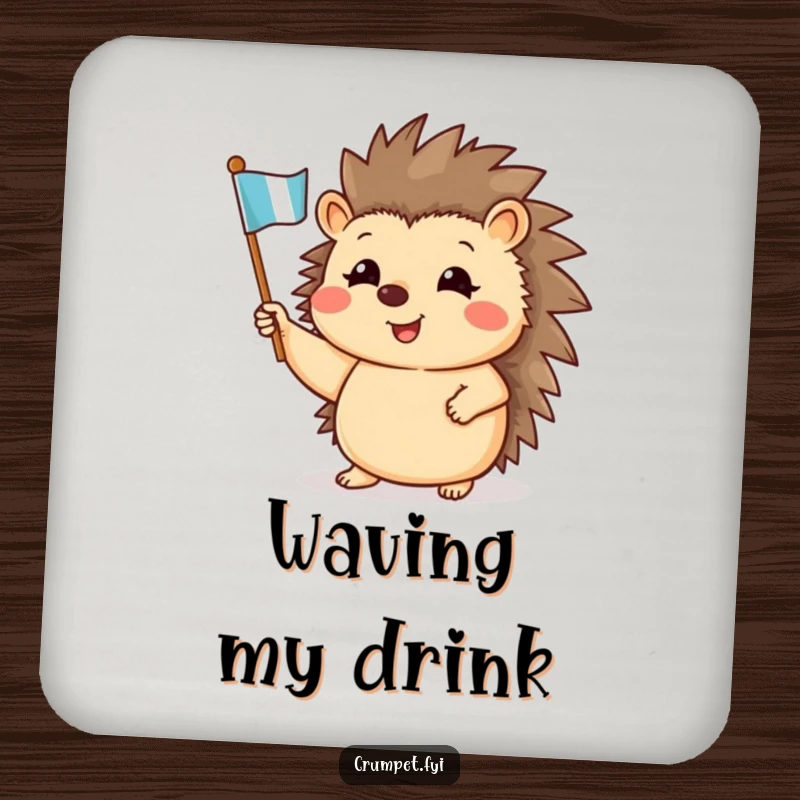 Funny drink coaster featuring a cheerful hedgehog waving a small flag, protecting surfaces with a smile.