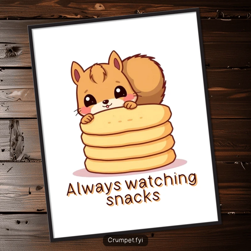 Funny poster showing a curious squirrel peeking from behind crumpets, ideal for whimsical wall decor.