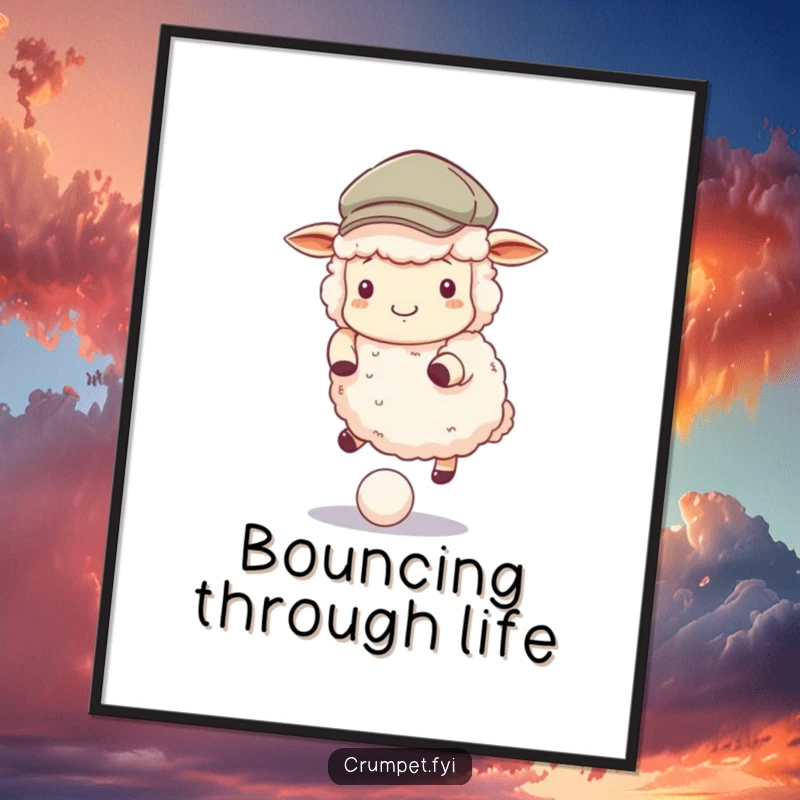 Funny Poster of a fluffy sheep wearing a flat cap, bouncing a ball, ideal decorative art for a playful room.
