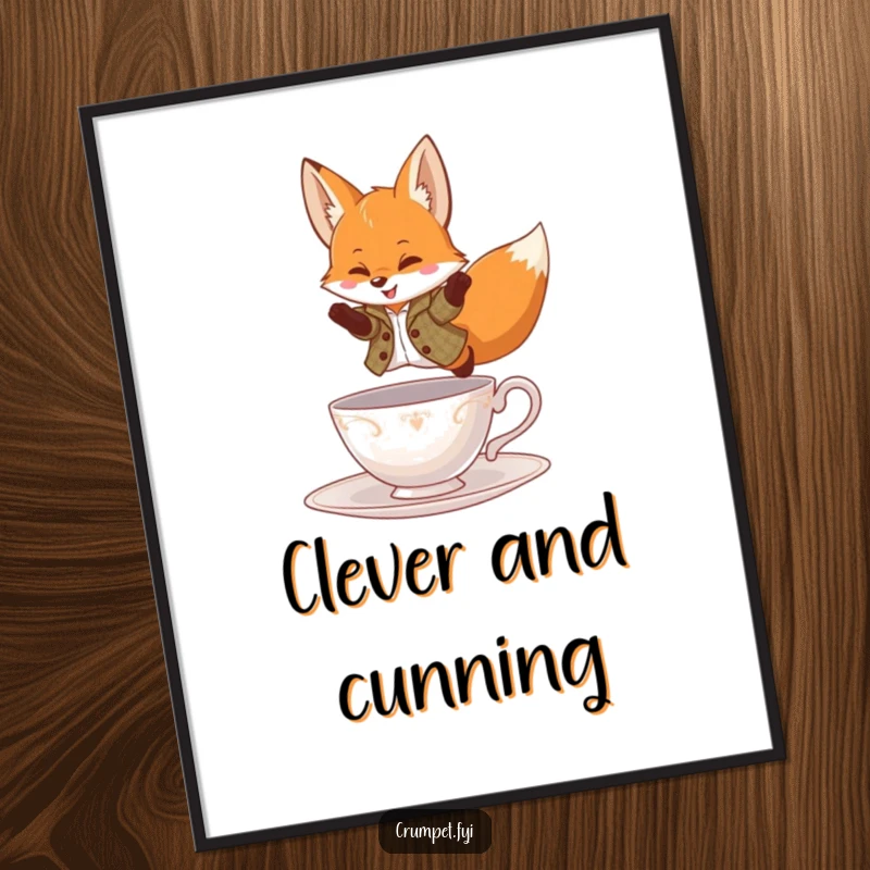 Funny Poster of a playful fox in a tweed jacket, leaping over a teacup, great whimsical wall art.