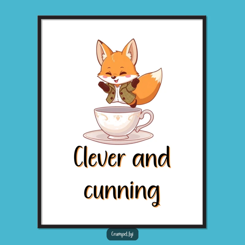 Funny Fox Poster - Dapper Tweed Jacket Leaping Teacup Art, Whimsical Wall Decor, Funny Gift