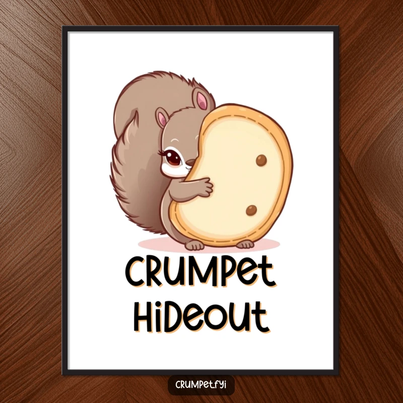 Funny poster depicting a mischievous squirrel playfully peeking from behind a large crumpet, adding whimsical and humorous art to any room.