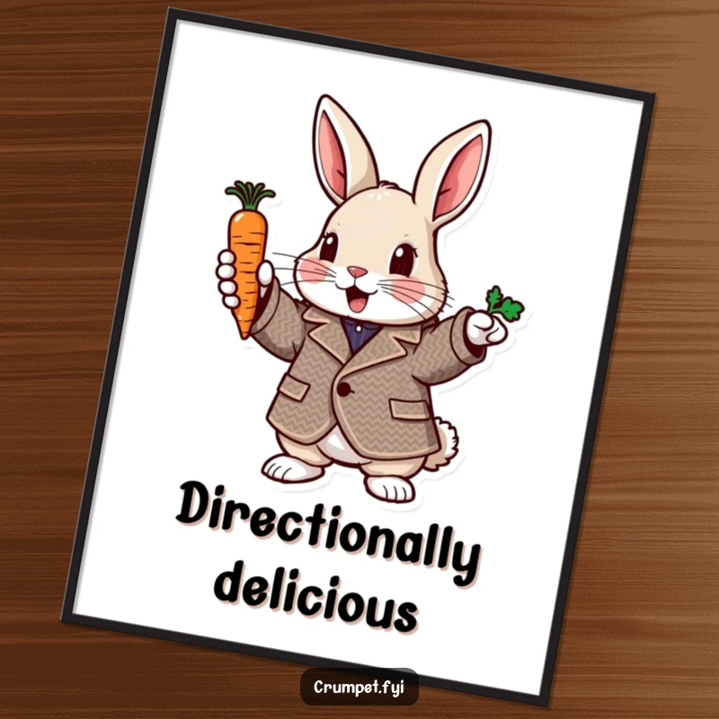 Funny rabbit poster of a rabbit in a tweed jacket enthusiastically pointing with a carrot, whimsical wall decor and gift.