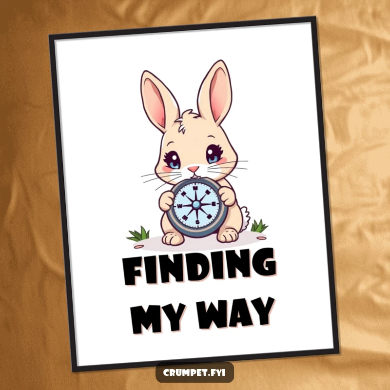Funny Rabbit Poster: A curious rabbit with bright eyes gazes at a compass, a heartwarming and humorous wall art, perfect funny gift.
