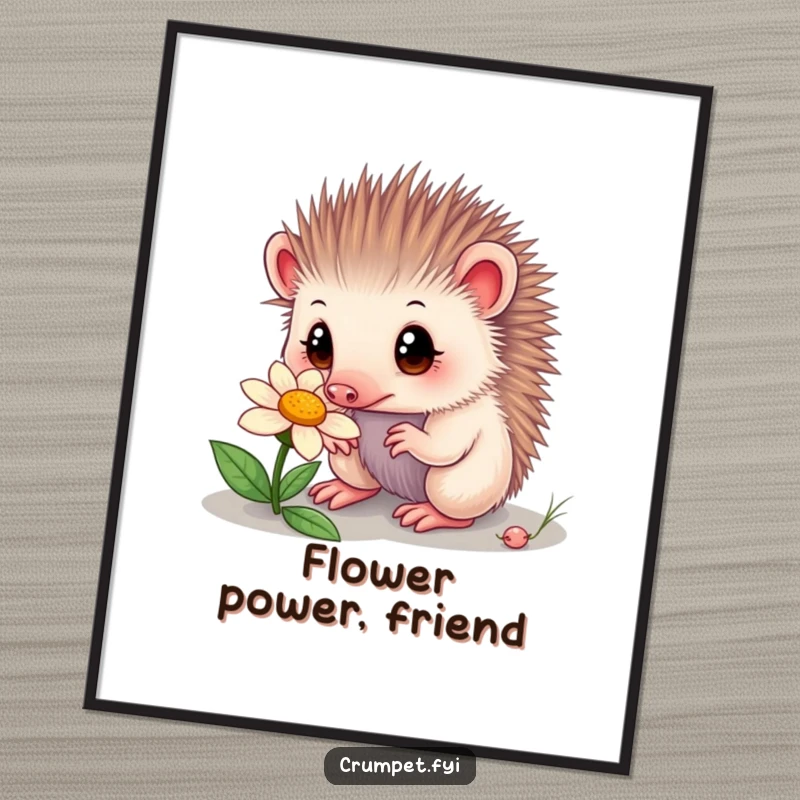 Funny echidna poster showing a curious echidna with wide eyes sniffing a flower. A charming and humorous piece of nature-inspired art.