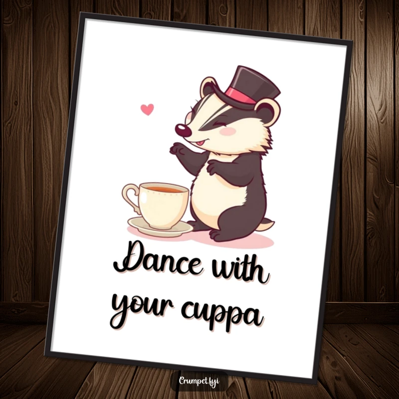 Funny Poster: A cheerful badger wearing a top hat performs a lively dance next to a teacup.