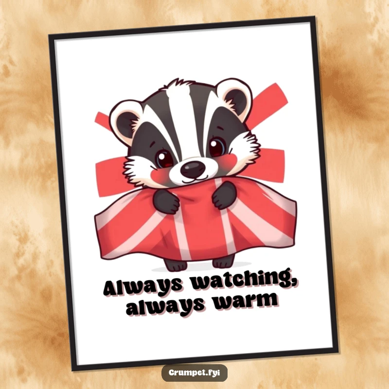 Funny badger poster, curious animal art, whimsical teapot illustration, humorous wall decor, unique gift for animal lovers.