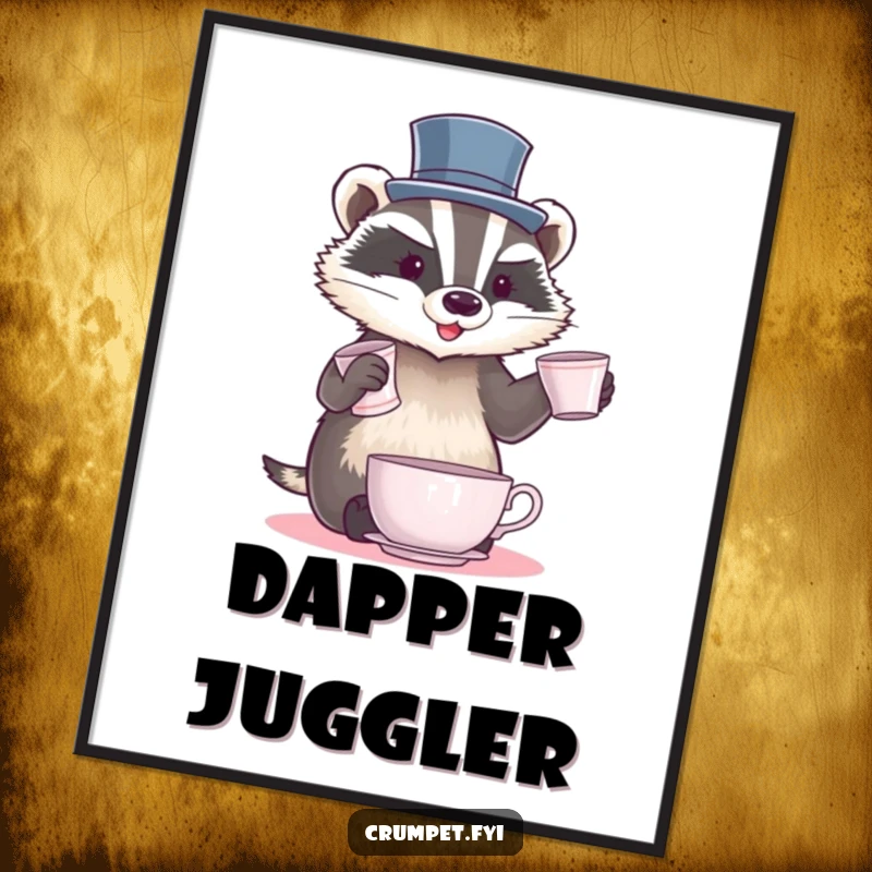 Funny Badger Poster featuring a badger wearing a top hat, juggling teacups with impressive skill, adding a touch of elegance and humor.
