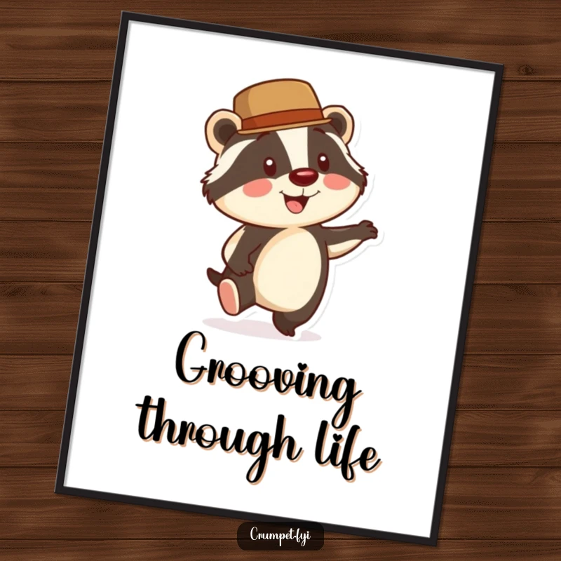 Funny Badger Poster: A smiling badger in a bowler hat taps its foot energetically, displayed as dapper and humorous wall art.