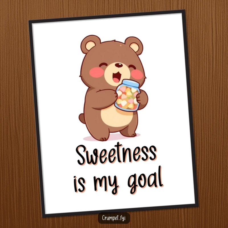 Funny bear poster, stout character holding sweets jar, enthusiastic animal art, whimsical wall decor, unique gift for treat lovers.
