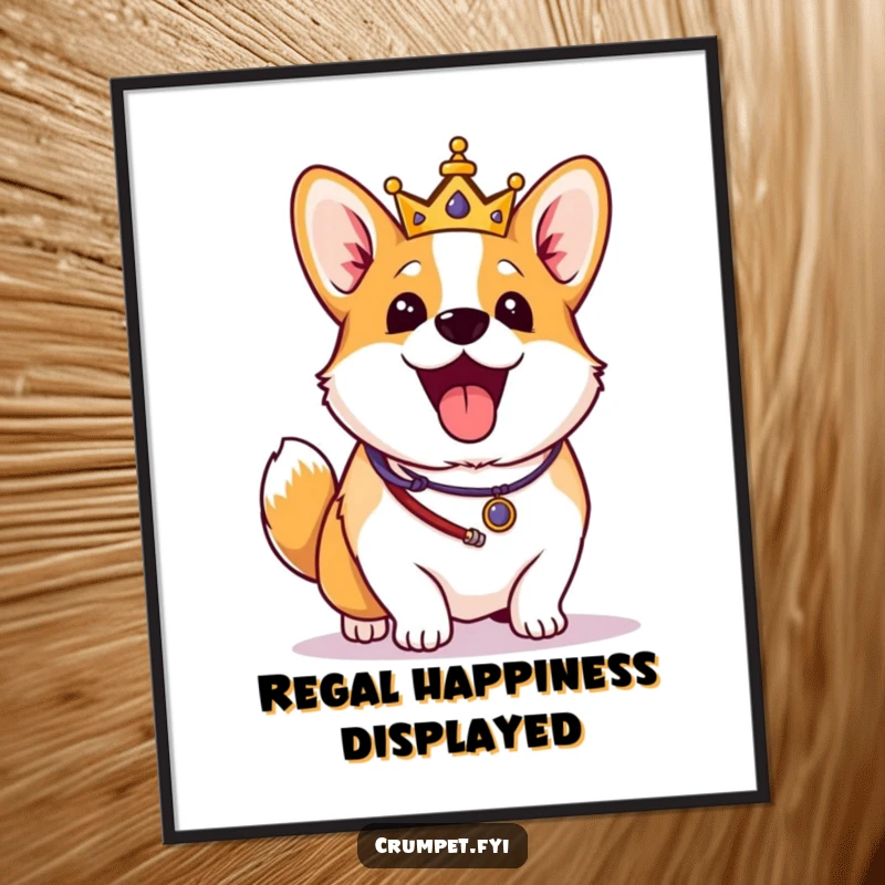 Funny Corgi Poster: An excited corgi in royal regalia wags its tail vigorously, displayed as joyful and humorous wall art.