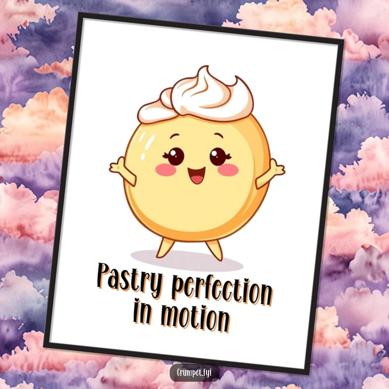 Funny poster print of a cheerful Danish pastry character with frosting hair, happily twirling with joy.