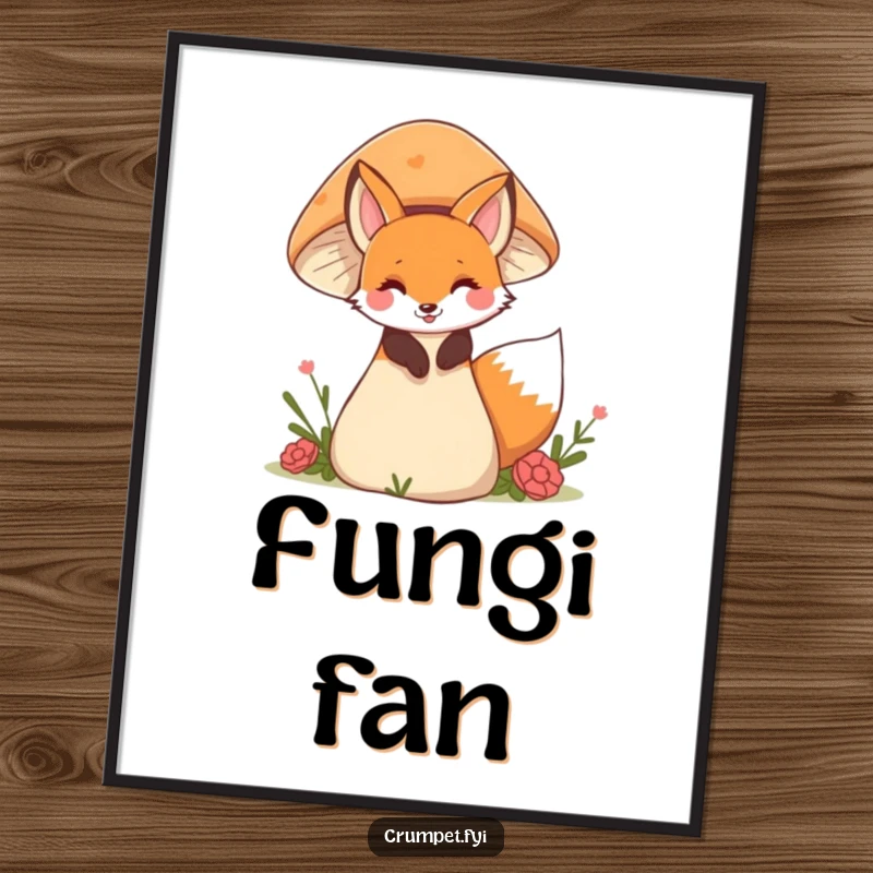 Funny fox poster displaying a playful fox peeking from behind a giant mushroom, creating a magical and humorous woodland scene.