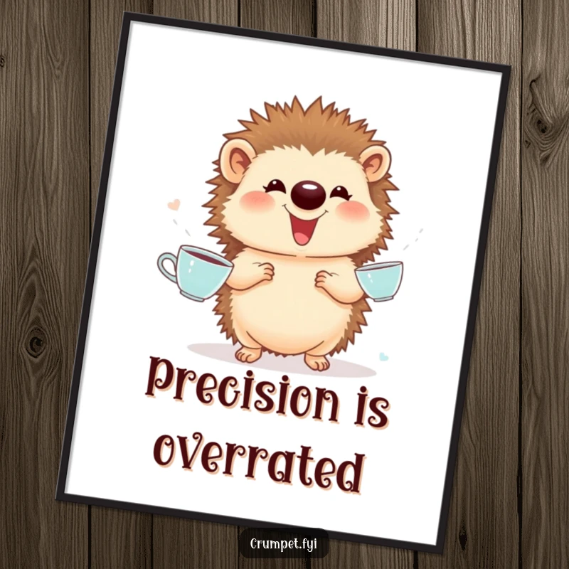 Funny Poster: A proud and giggling hedgehog demonstrates incredible skill, juggling tiny teacups with a beam of pure, joyful delight.