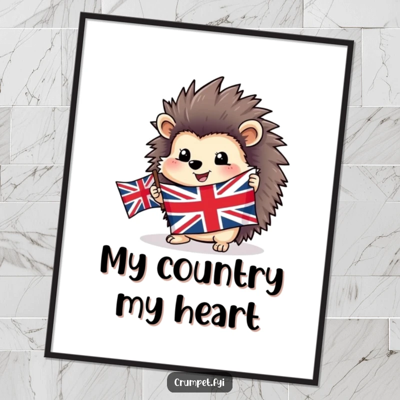 Funny happy hedgehog poster proudly holding a Union Jack flag, bringing cheerful British patriotic vibes to wall decor.