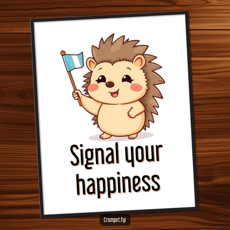 Funny poster of a happy hedgehog waving a miniature flag, adding a cheerful and artistic touch.