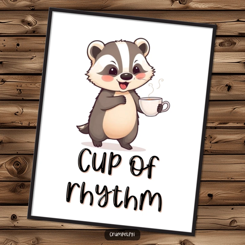 Funny poster of a playful badger doing a jaunty dance with a teacup, bringing whimsical humor to wall decor.