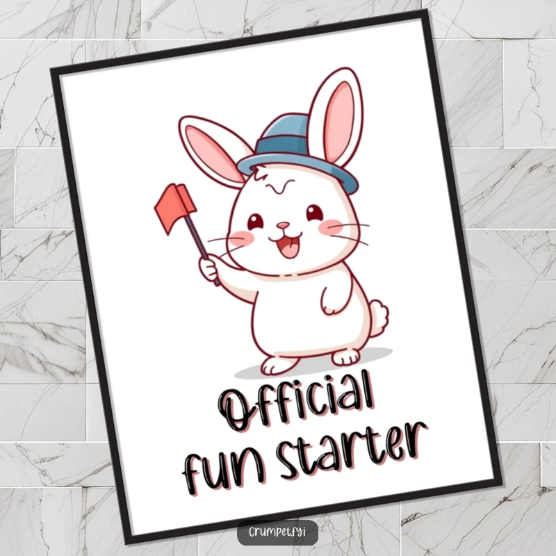 Funny Poster depicting a beaming rabbit in a bowler hat, joyfully waving a small flag, bringing cheerful celebration and playful energy to any wall.
