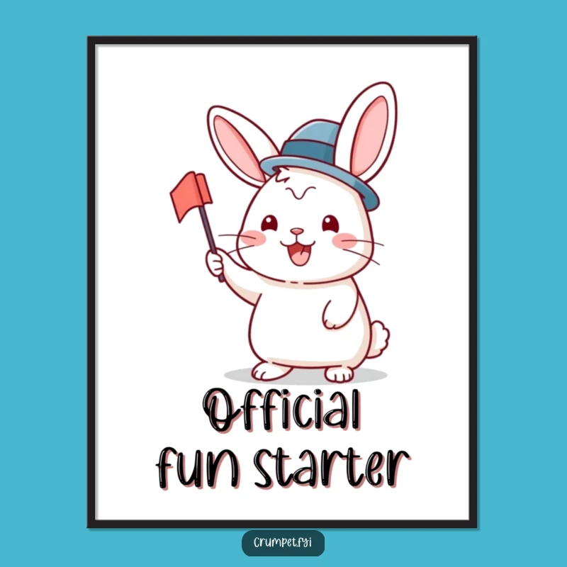 Funny Rabbit Poster: Cheerful Bowler Hat Waving Art - A Joyful Funny Gift!